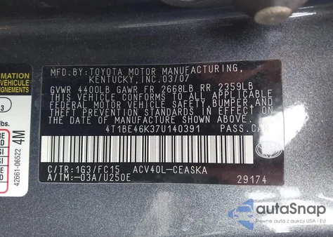 2007 Toyota Camry Se from USA, damaged, VIN 4T1BE46K37U140391